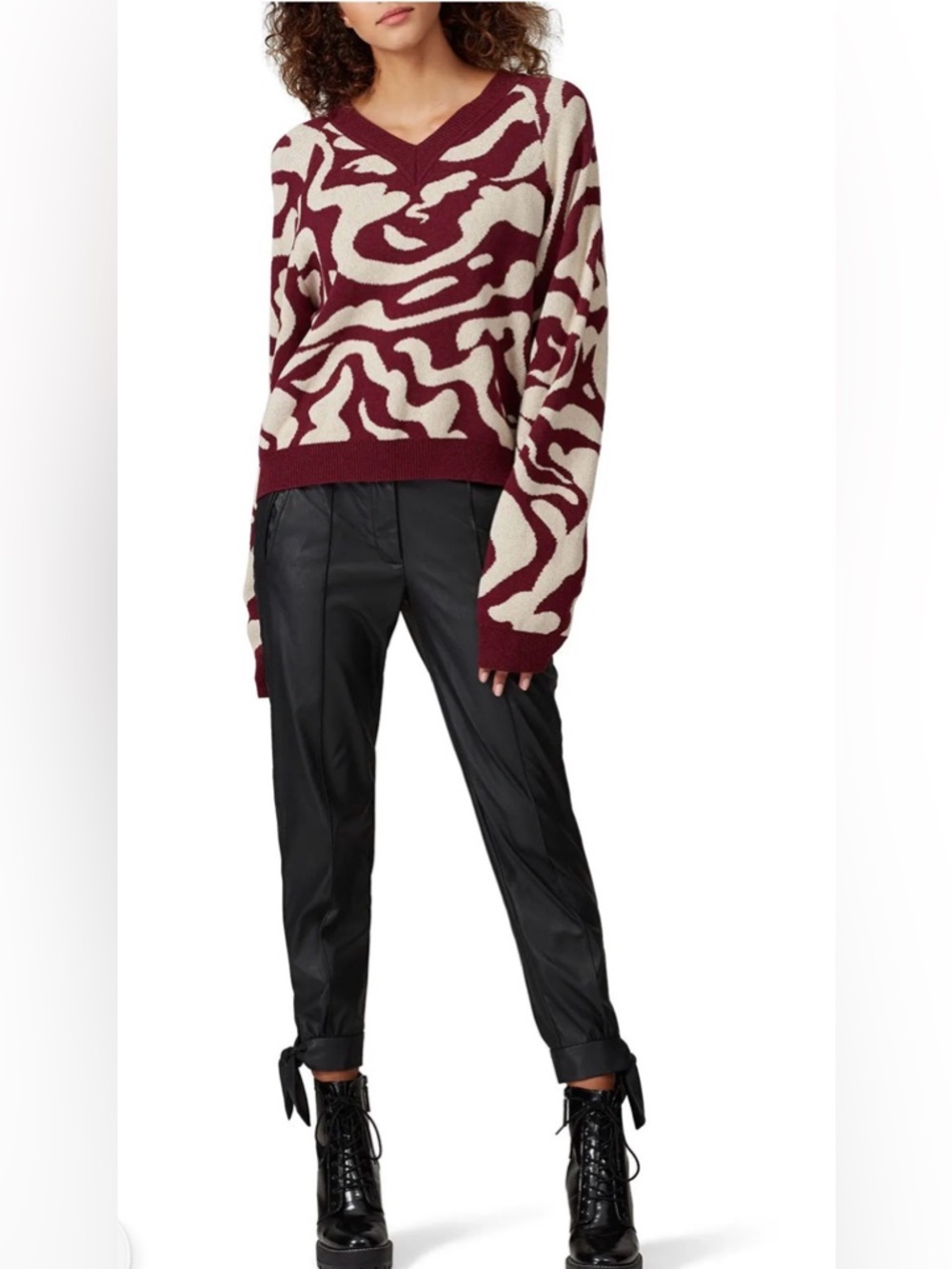 Nanushka Devon Cashmere Wool Jacquard Sweater XS Burgundy Cream Abstract V-Neck
